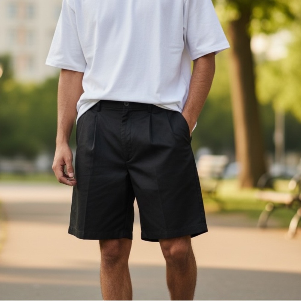 Sleek Black Men's Flat Front Shorts - Picture 1 of 6